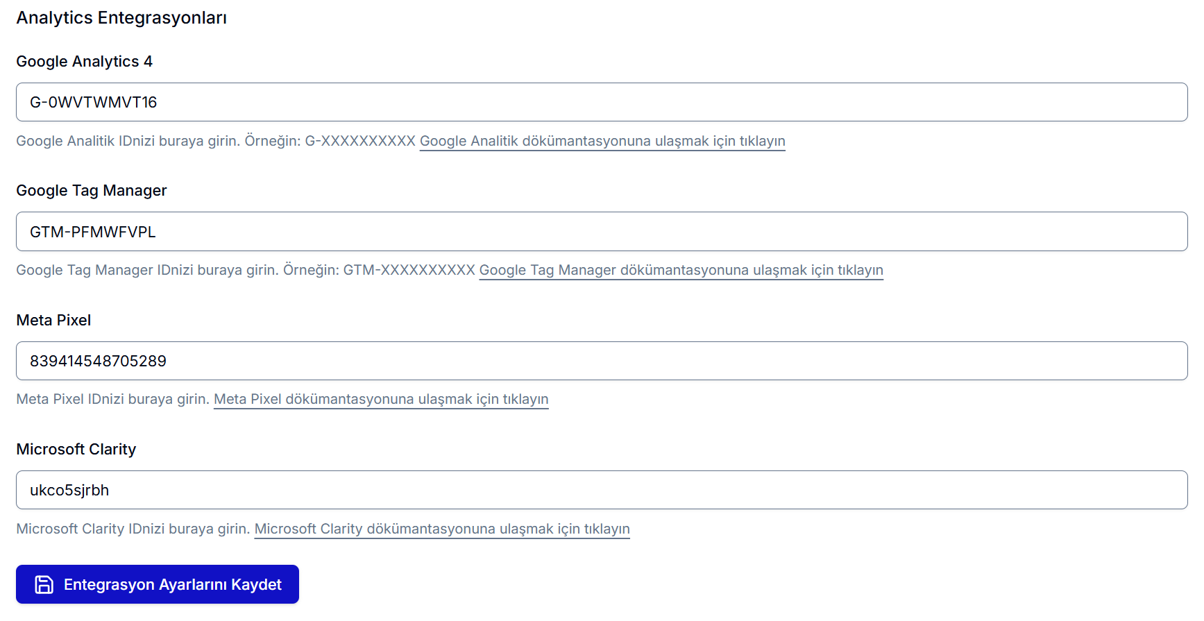 Teachfluence Analitik Entegrasyonları — Meta Pixel alanı ve 'Entegrasyon Ayarlarını Kaydet' butonu