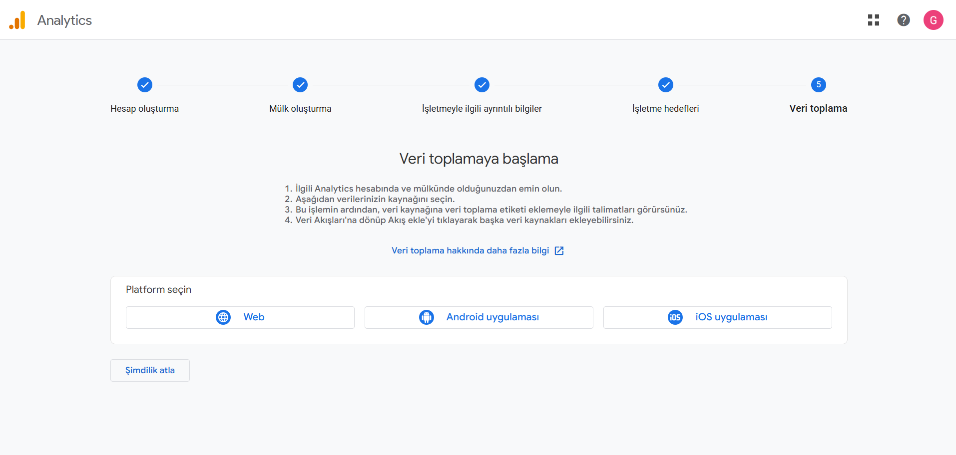 GA4 veri akışı seçimi — Web, iOS, Android platform kartları