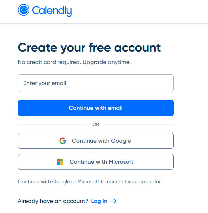 Calendly kayıt ekranı — Google, Microsoft veya e-posta ile kayıt seçenekleri ve 'Sign up' butonu