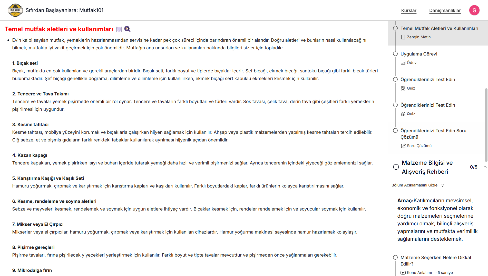 Öğrenci gözünden zengin metin önizleme — 'Sıfırdan Başlayanlara Mutfak101' kursunda 'Temel mutfak aletleri ve kullanımları' içeriği, sağ panelde Bölüm Açıklamaları