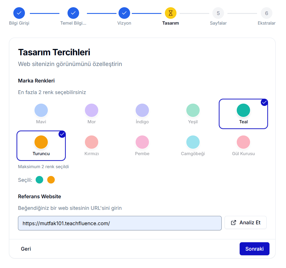 AI Manuel Giriş Adım 3 'Tasarım Tercihleri' — Marka Renkleri ızgarası (Teal ve Turuncu seçili), Referans Website alanına 'https://mutfak101.teachfluence.com/' girilmiş ve 'Analiz Et' butonu