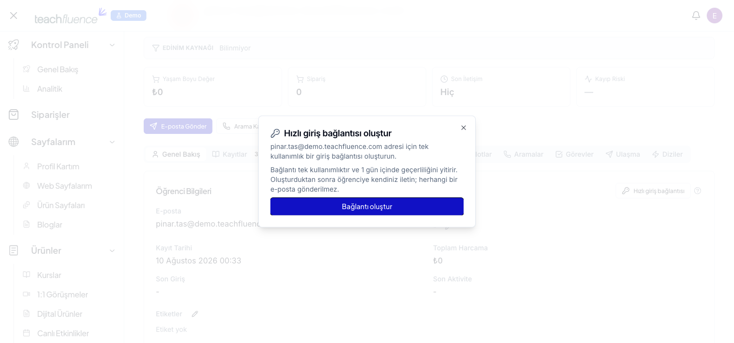 Hızlı giriş bağlantısı oluştur penceresi ve Bağlantı oluştur düğmesi