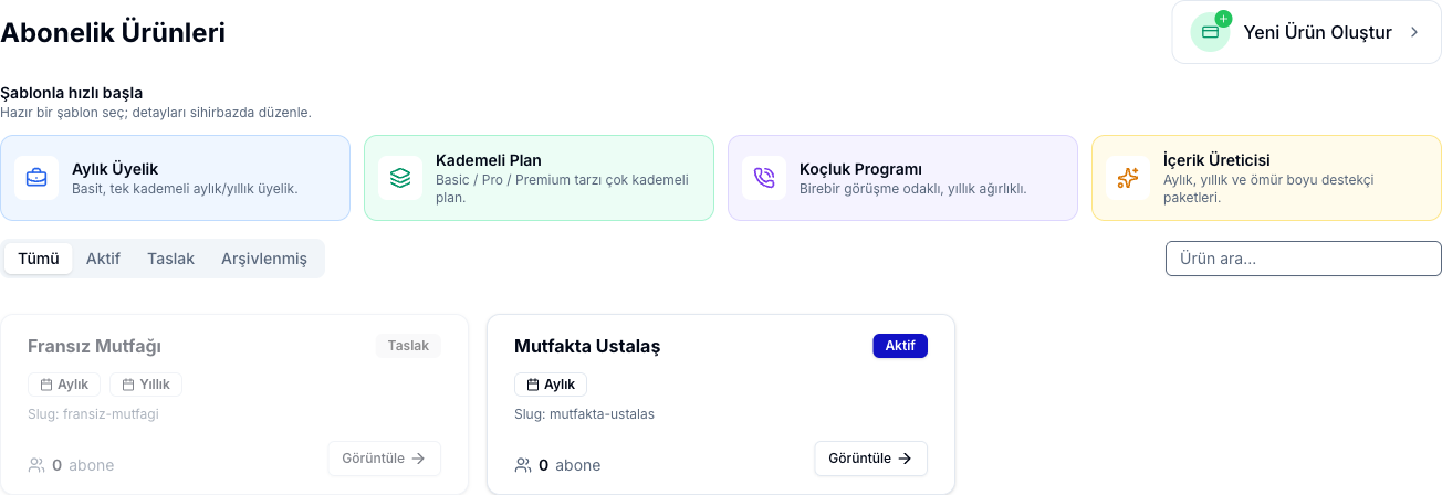 Abonelik Ürünleri sayfası ve şablonlar