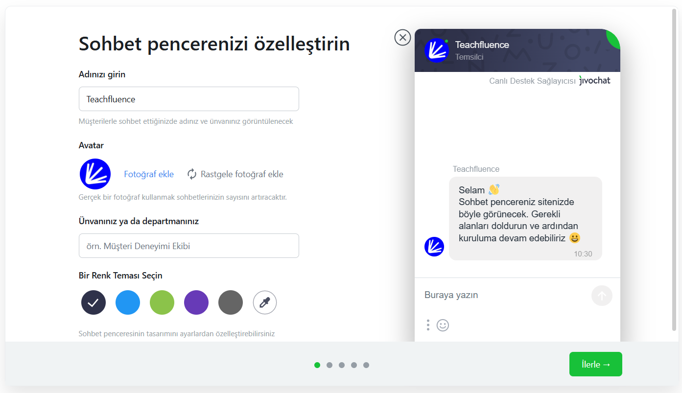 JivoChat sohbet penceresi özelleştirme — ad, avatar, renk teması ve önizleme