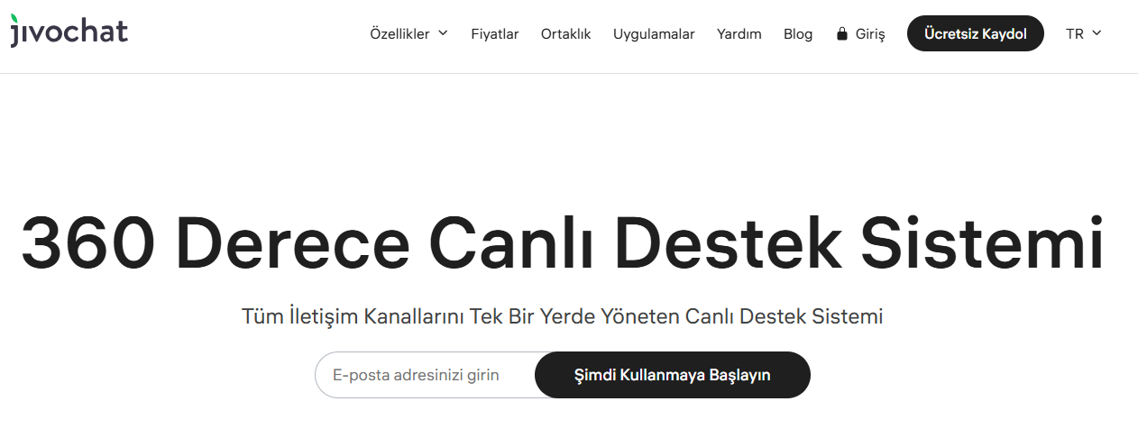 JivoChat üyelik oluşturma sayfası — e-posta adresi alanı ve 'Şimdi Kullanmaya Başlayın' butonu