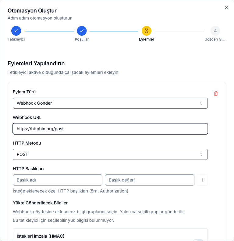 Webhook yapılandırma alanları