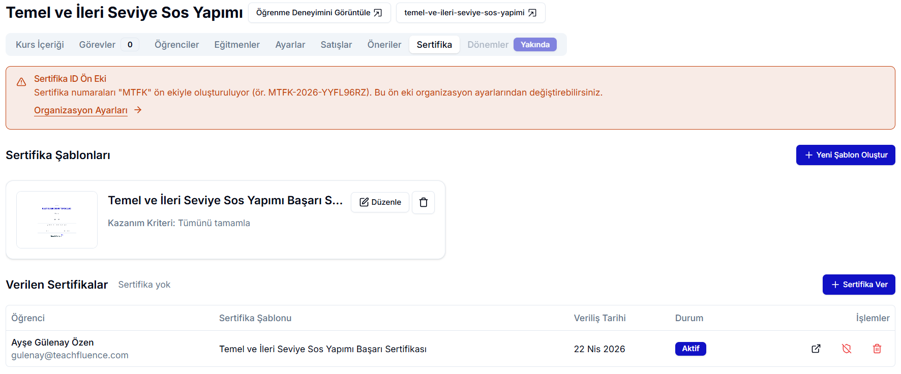 Sertifika sekmesi tamamlanmış görünüm — turuncu Sertifika ID Ön Eki bilgi kutusu (MTFK-2026-YYFL96RZ örneği), Sertifika Şablonları listesi (Temel ve İleri Seviye Sos Yapımı Başarı Sertifikası, Kazanım Kriteri Tümünü tamamla), Verilen Sertifikalar tablosu (Ayşe Gülenay Özen, 22 Nisan 2026, Aktif)