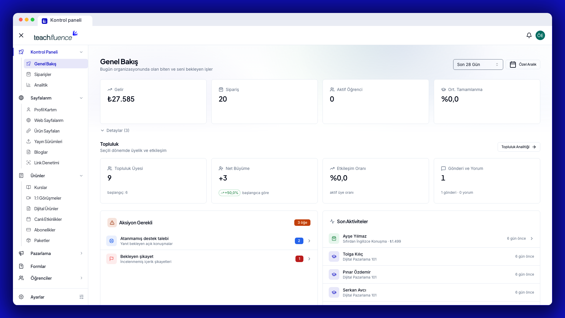 analitik panoları ve tarih aralığı seçici
