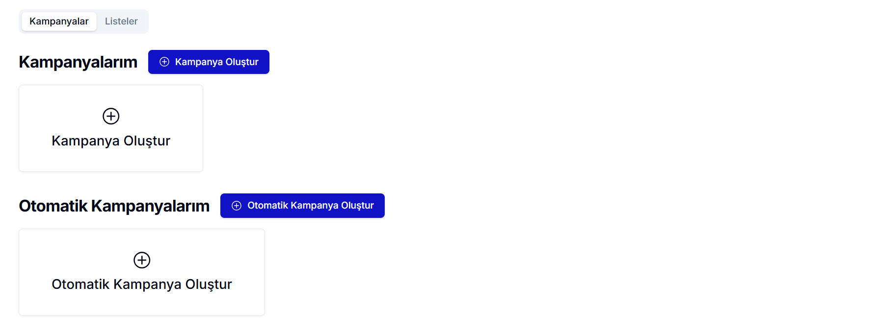 Kampanyalarım sayfası — kampanya listesi ve sağ üstte 'Kampanya Oluştur' butonu