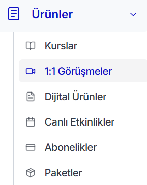 Teachfluence sol menü — Ürünler altında '1:1 Görüşmeler' sekmesi
