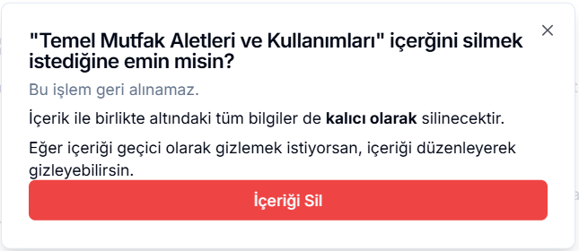 Zengin metin silme onayı — '"Temel Mutfak Aletleri ve Kullanımları" içeriğini silmek istediğine emin misin?' uyarısı ve kırmızı 'İçeriği Sil' butonu