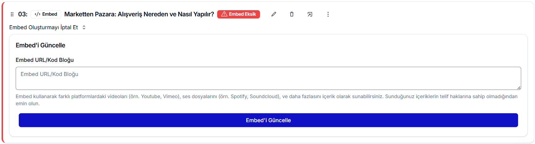 Embed'i Güncelle paneli — Embed URL/Kod Bloğu alanına 'https://marketfiyati.org.tr/' yapıştırılmış; mavi 'Embed'i Güncelle' butonu