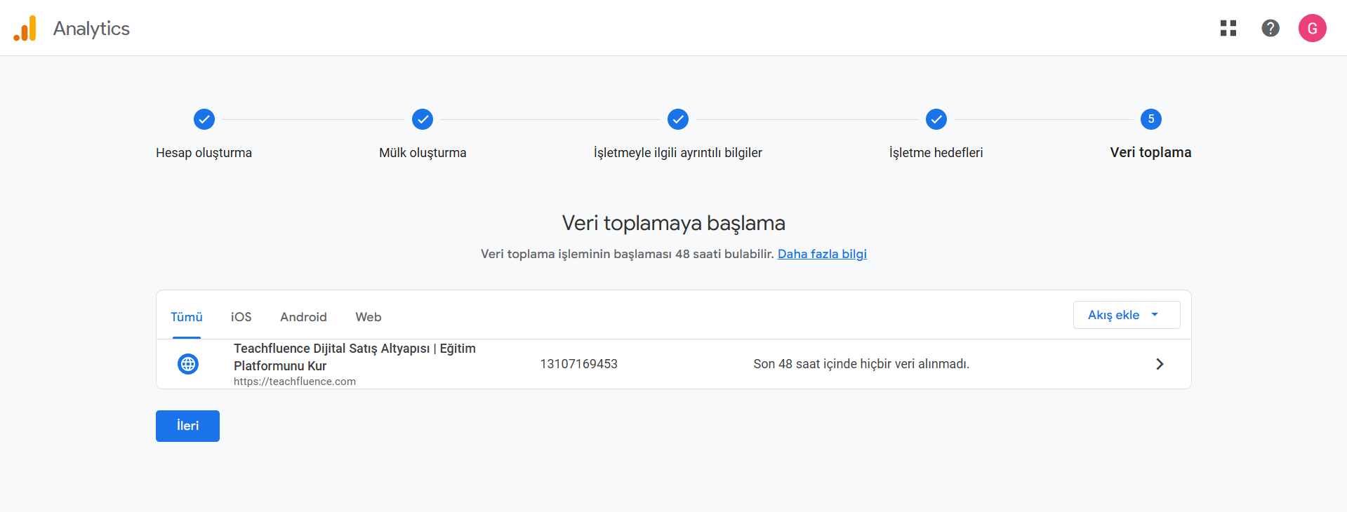 GA4 Web veri akışı ayarlama — Web sitesi URL ve akış adı alanları