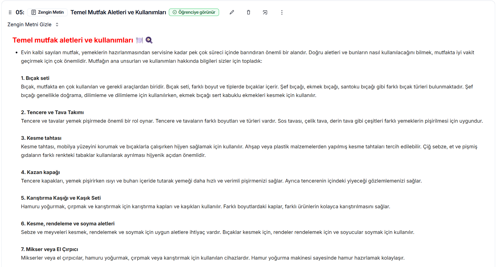 Zengin metin önizleme — 'Temel mutfak aletleri ve kullanımları' başlıklı içerik; bıçak seti, tencere ve tava takımı, kesme tahtası, kazan kapağı gibi maddeli liste