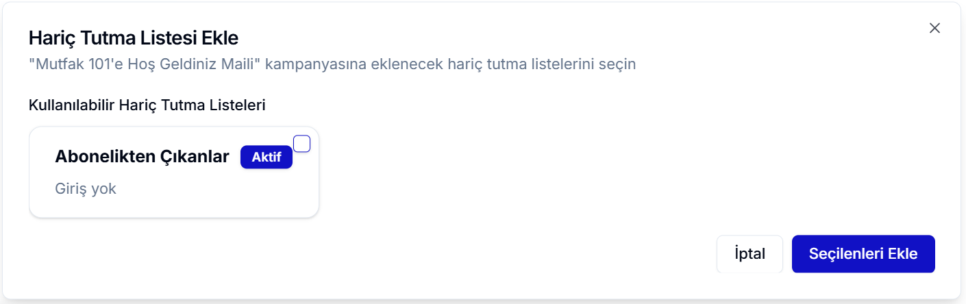Hariç Tutma Listesi Ekle penceresi — mevcut hariç tutma listeleri ve 'Seçilenleri Ekle' butonu