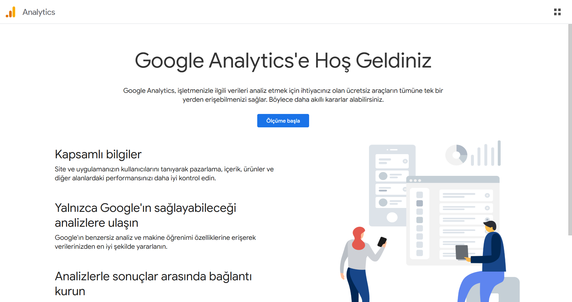 Google Analytics ana sayfası — 'Ölçüme Başla' butonuyla onboarding girişi
