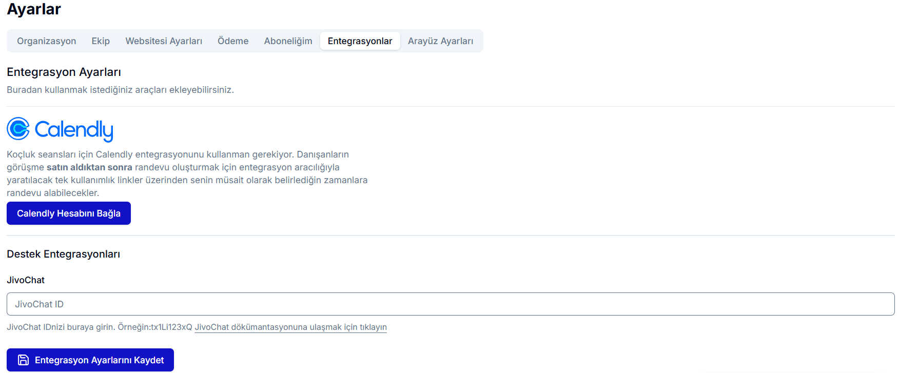 Teachfluence Destek Entegrasyonları — JivoChat ID alanı ve 'Entegrasyon Ayarlarını Kaydet' butonu