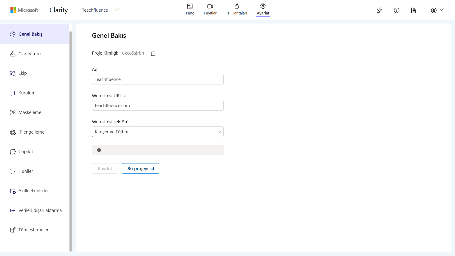 Microsoft Clarity Genel Bakış paneli — Proje Kimliği ve trafik metrikleri