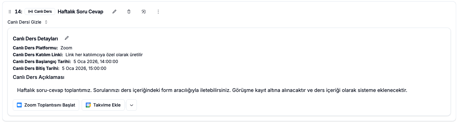 Eğitmen canlı ders görünümü — 'Zoom Toplantısını Başlat' ve 'Takvime Ekle' butonları