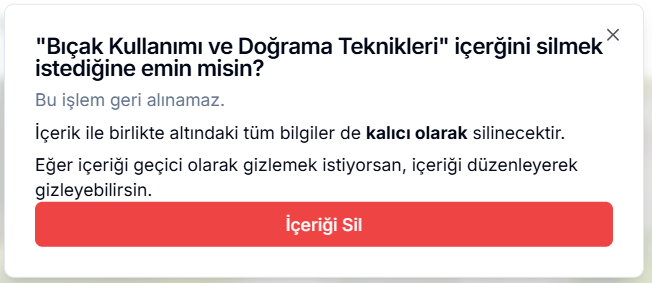 İçeriği silme onayı — '"Bıçak Kullanımı ve Doğrama Teknikleri" içeriğini silmek istediğine emin misin?' başlığı, geri alınamaz uyarısı ve kırmızı 'İçeriği Sil' butonu