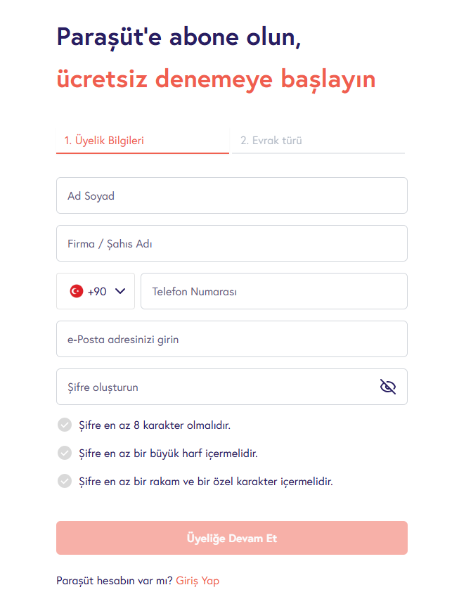 Paraşüt kayıt sayfası — ad, firma, telefon, e-posta ve şifre alanlarını içeren üyelik formu