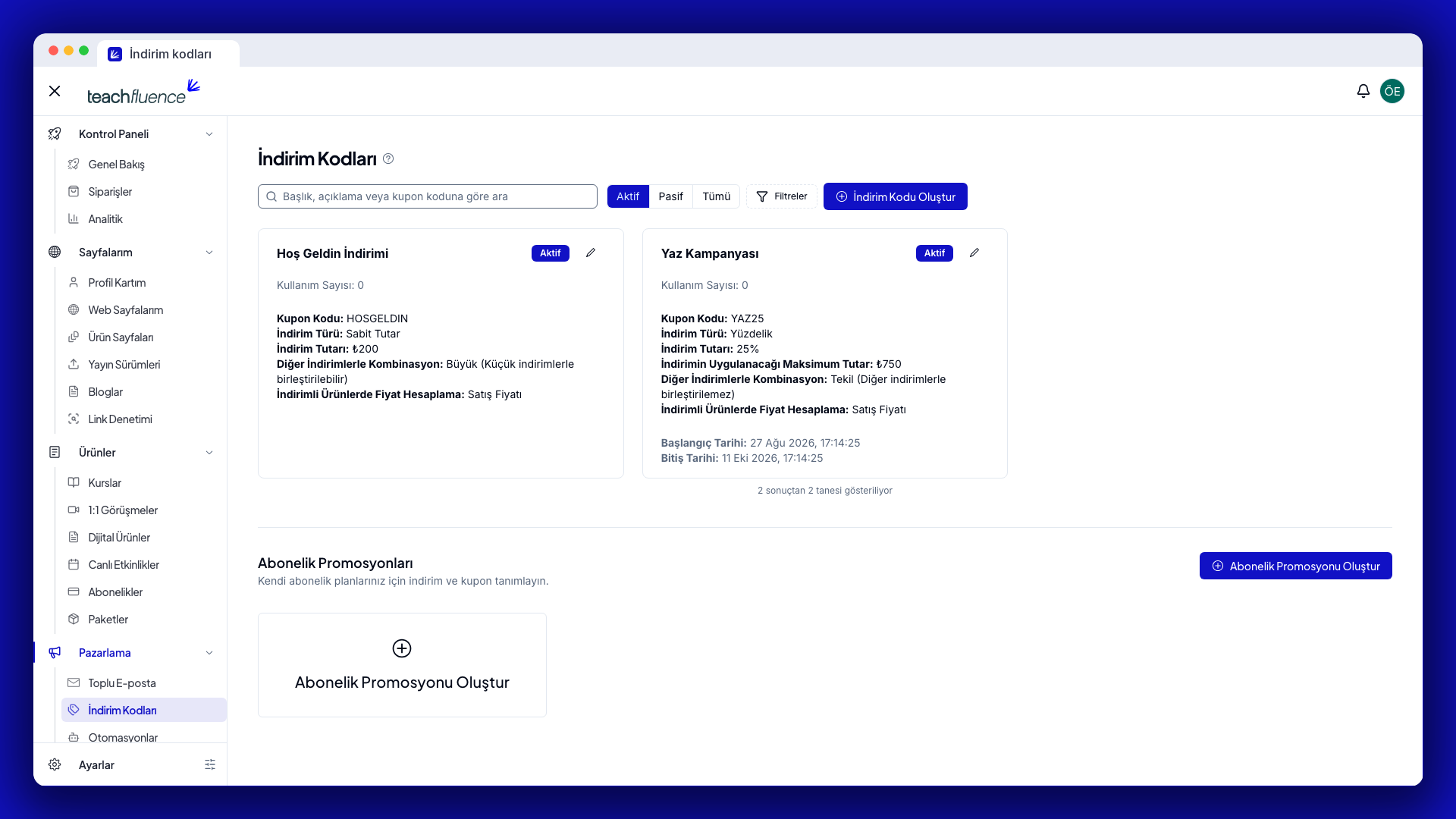 indirim kodları listesi