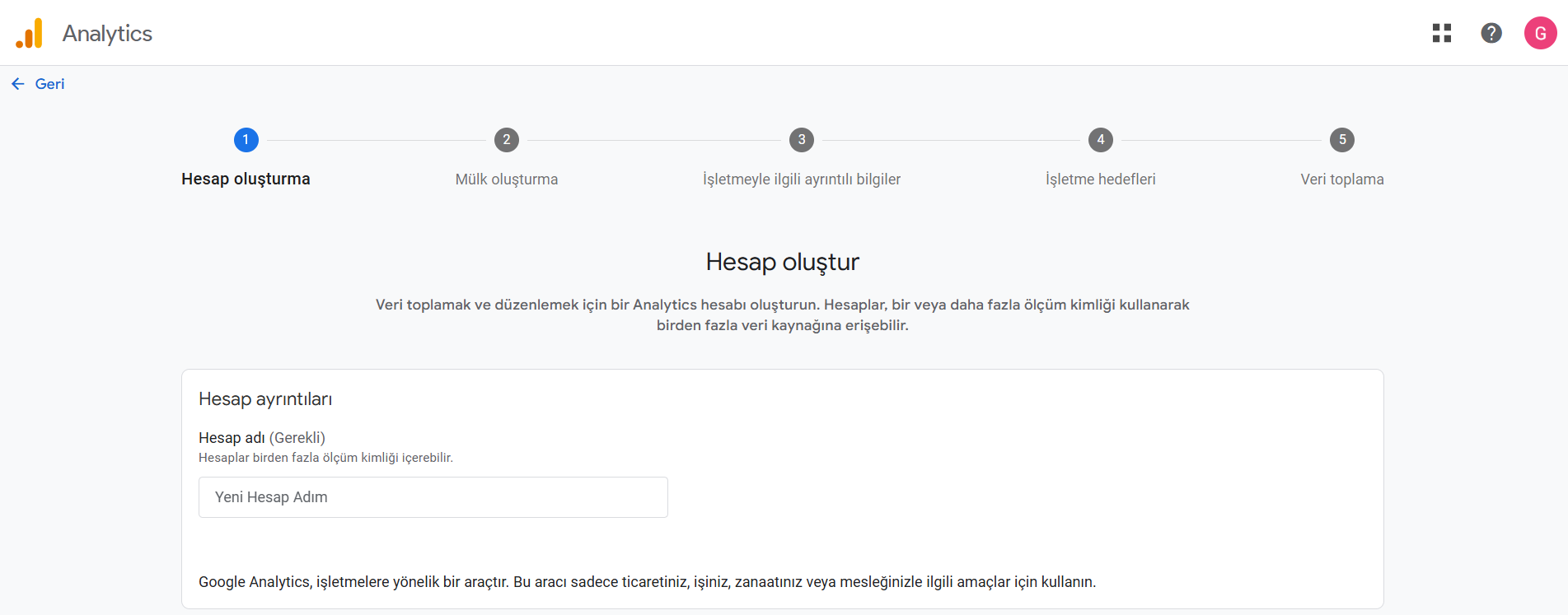 GA4 hesap oluşturma ekranı — Hesap Adı alanı ve Veri Paylaşım Ayarları