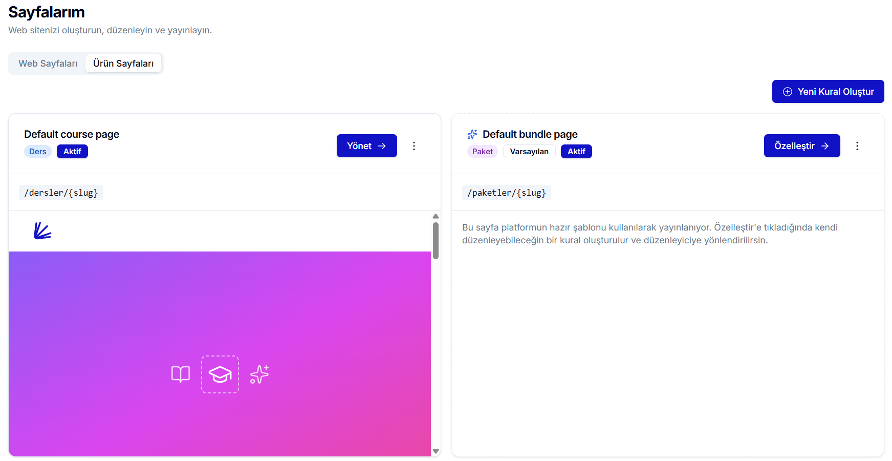 Sayfalarım — Ürün Sayfaları sekmesinde 'Default course page' (Ders, Aktif, /dersler/slug) ve 'Default bundle page' (Paket, Varsayılan, Aktif, /paketler/slug) kart ızgarası, mavi 'Yeni Kural Oluştur' butonu