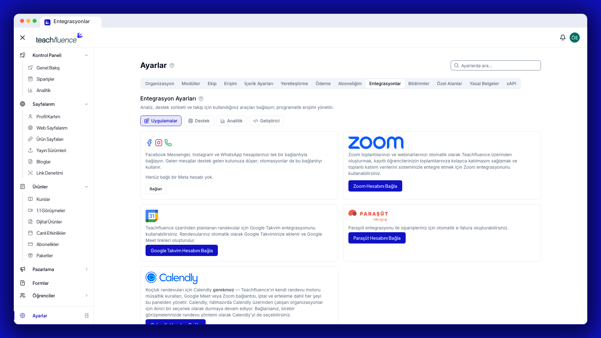 Ayarlar → Entegrasyonlar panelinin dört sekmesi (Uygulamalar, Destek, Analitik, Geliştirici) genel görünümü