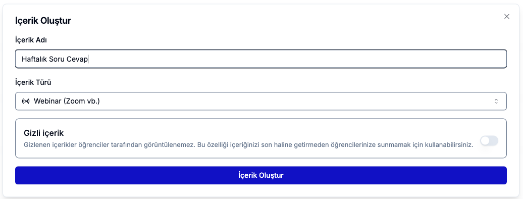 Ders içerik oluştur diyaloğunda 'Webinar (Zoom vb.)' içerik türü seçimi