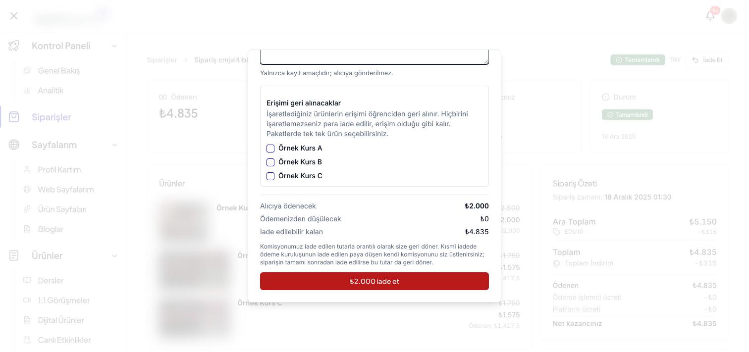 Kısmi iade girildiğinde yeniden hesaplanan tutarlar ve iade düğmesi