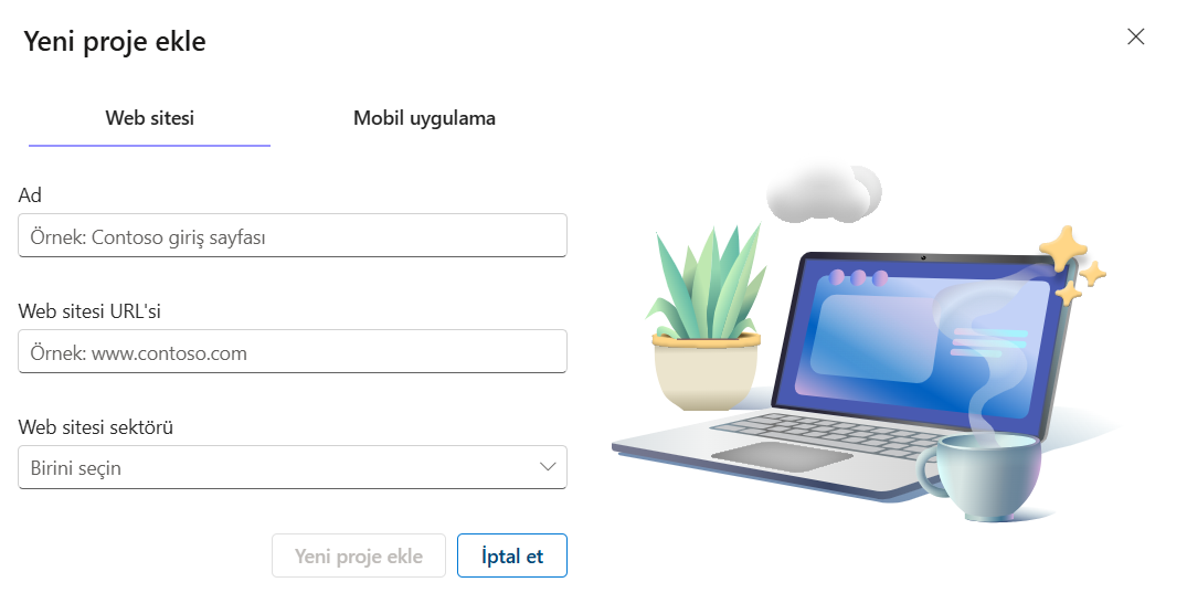 Microsoft Clarity 'Yeni Proje Ekle' ekranı — proje adı ve URL alanları