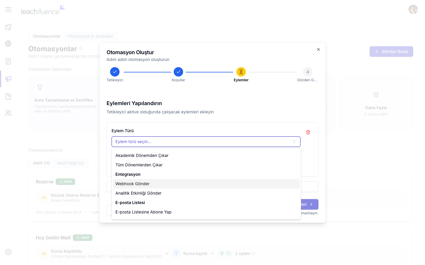 Entegrasyon altındaki Webhook Gönder seçeneği