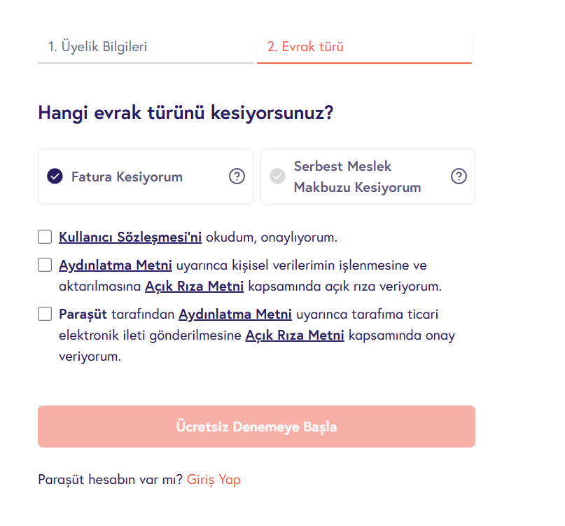 Paraşüt evrak türü seçimi — 'Fatura kesiyorum' ve 'Serbest meslek makbuzu kesiyorum' seçenekleri