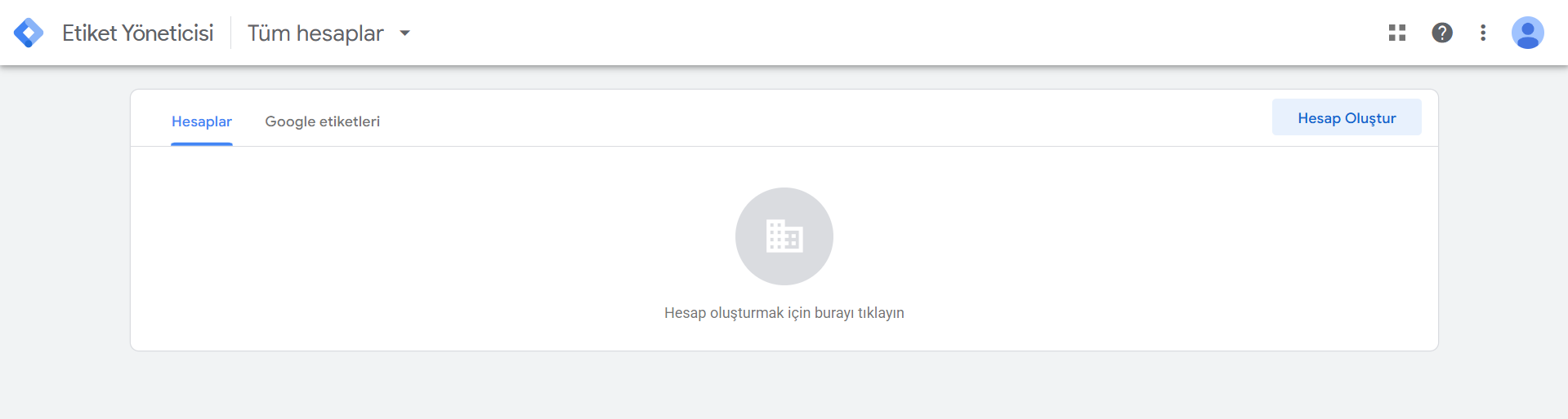 Google Tag Manager ana sayfası — 'Hesap Oluştur' butonu ile kurulum başlangıcı