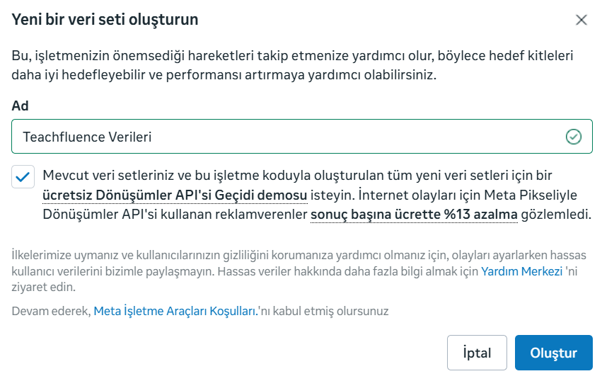 Meta Veri Seti Oluştur ekranı — Veri Seti Adı alanı ve 'Oluştur' butonu