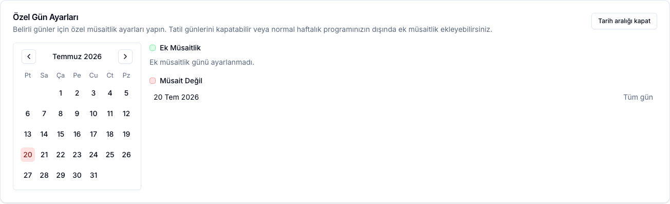 Kapatılan günün Müsait Değil listesinde görünmesi