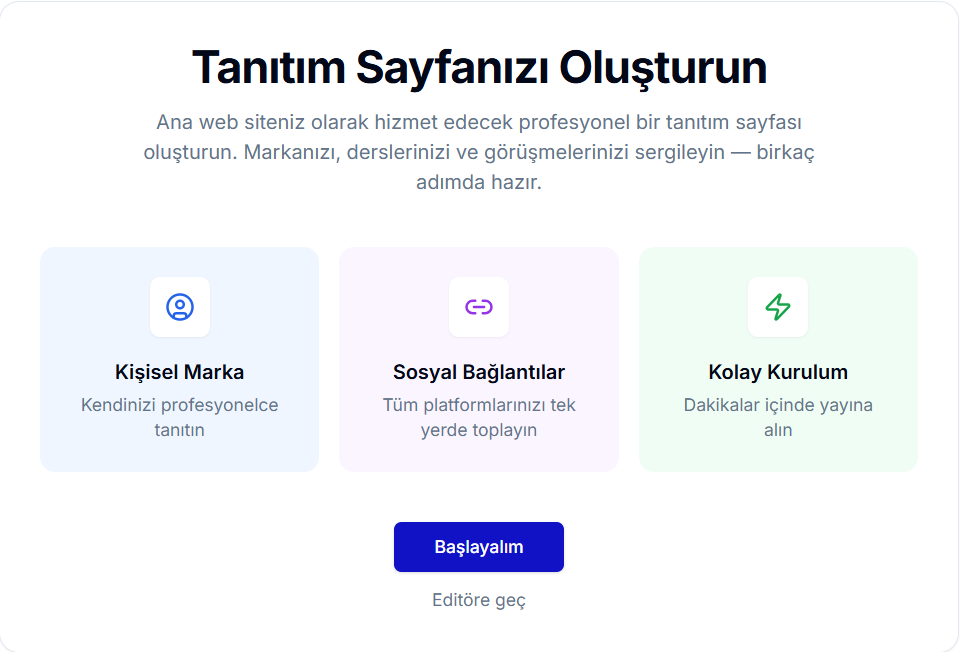 Tanıtım Sayfanızı Oluşturun başlangıç sayfası — Kişisel Marka, Sosyal Bağlantılar ve Kolay Kurulum kartları; mavi 'Başlayalım' butonu ve 'Editöre geç' bağlantısı