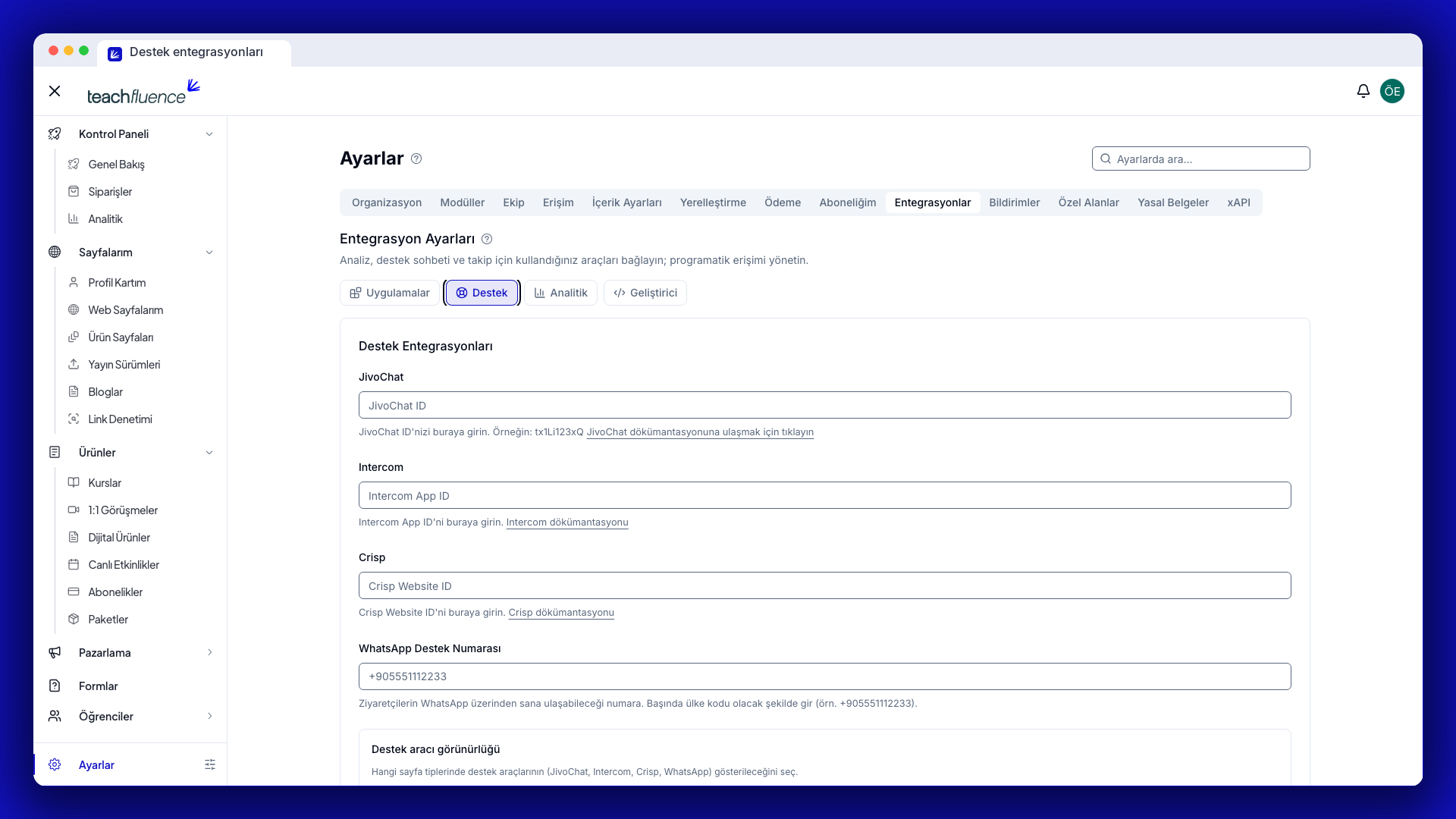 Destek sekmesindeki JivoChat/Intercom/Crisp/WhatsApp alanları ve görünürlük anahtarları