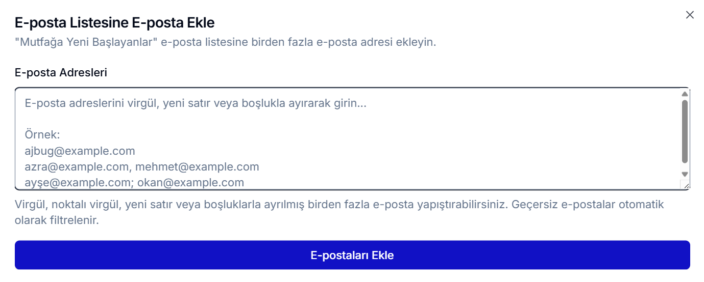 E-posta Listesine E-posta Ekle diyaloğu — çoklu e-posta girişi metin alanı ve mavi 'E-postaları Ekle' butonu