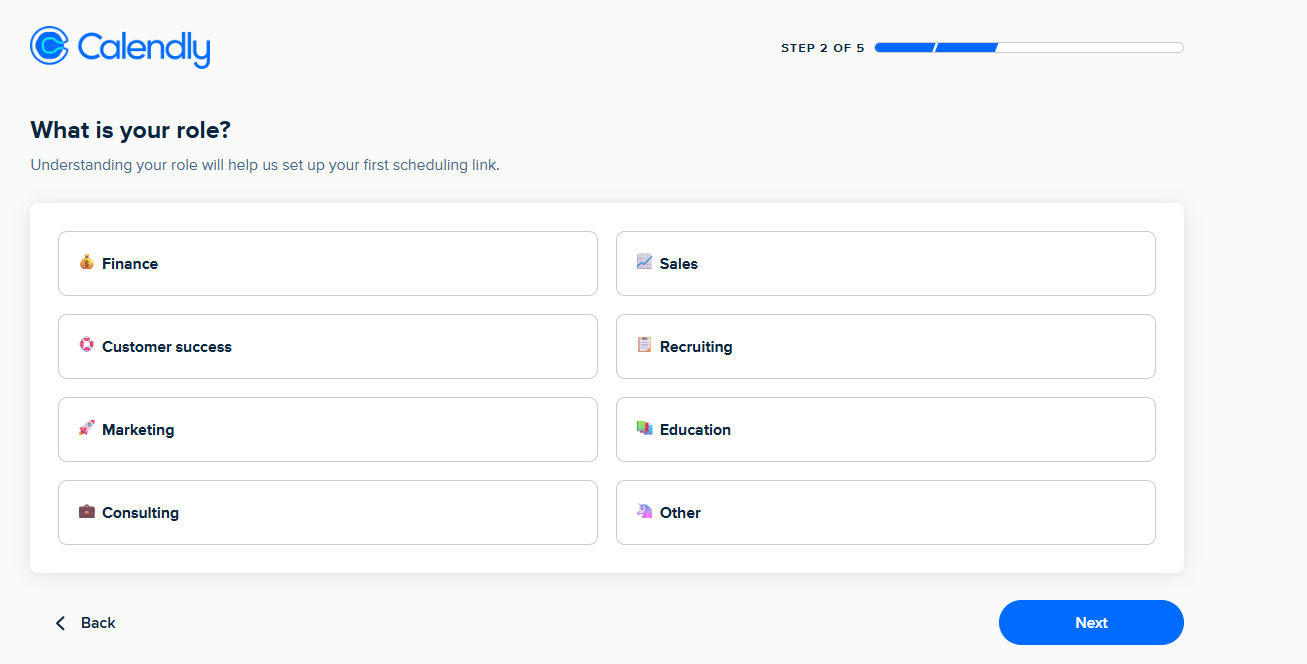 Calendly onboarding 2. adım — Consulting, Education ve diğer kullanım alanı kategorileri