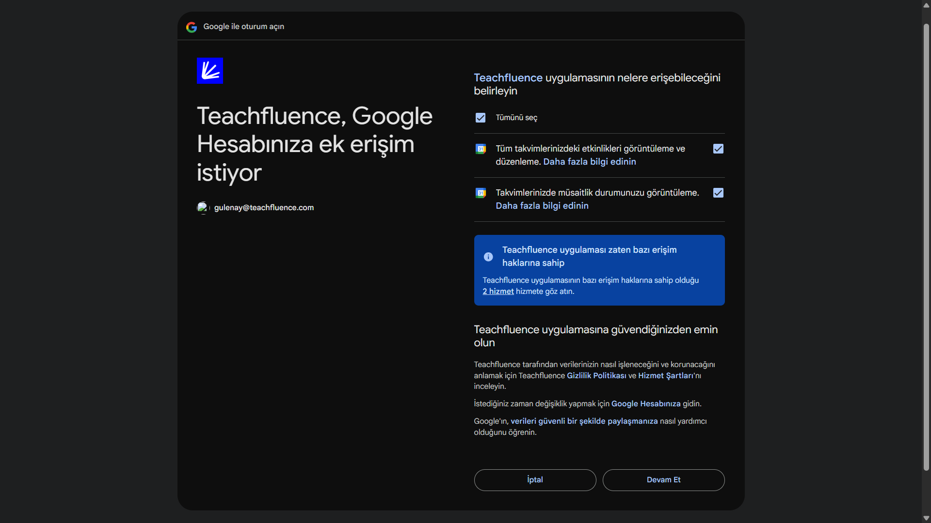 Google izin onayı ekranı — takvim etkinlikleri ve müsaitlik izinleri için onay kutucukları ve 'Devam Et' butonu