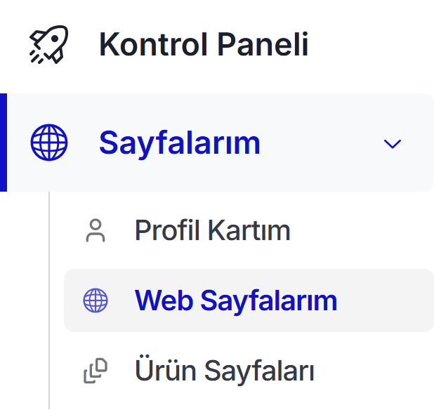 Teachfluence sol menü — Kontrol Paneli, Sayfalarım açık kategorisinde 'Web Sayfalarım' vurgulu seçili; üstte Profil Kartım, altında Ürün Sayfaları