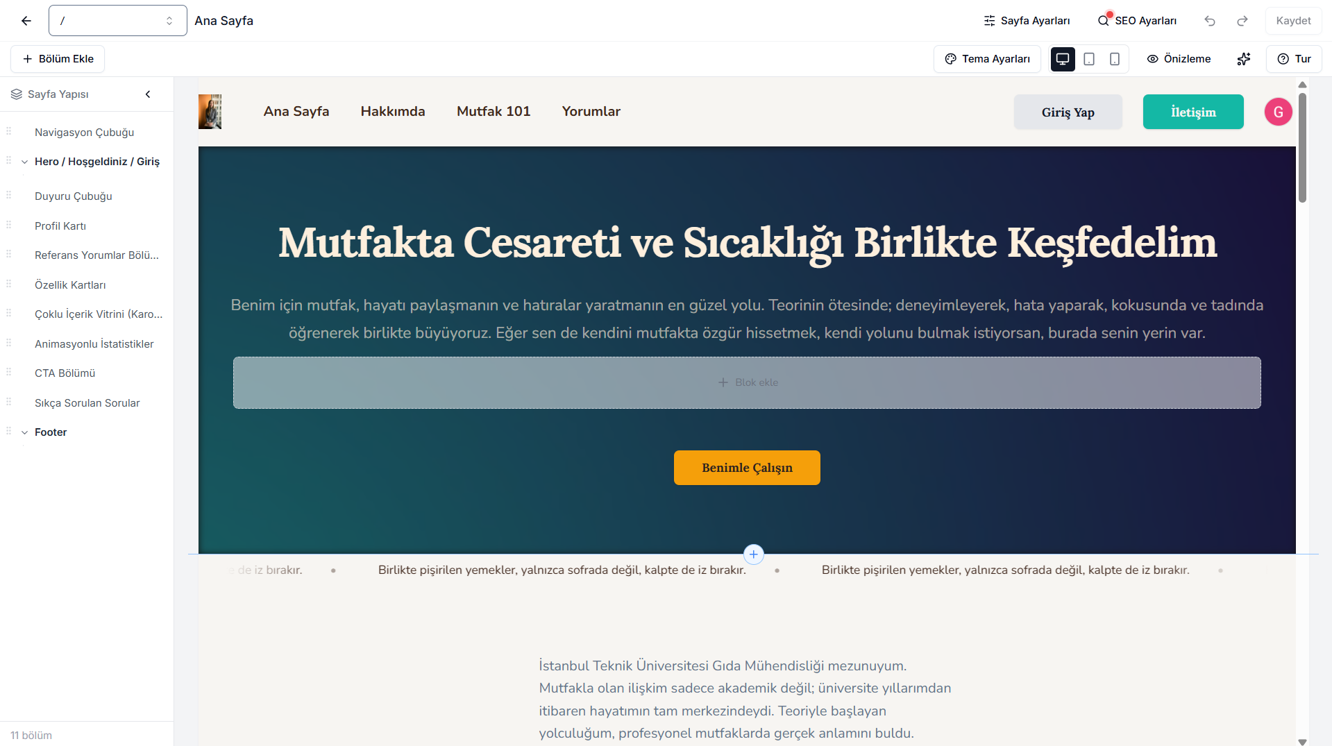Web sayfası editörü — sol panelde sayfa yapısı ve bölüm ağacı, ortada 'Mutfakta Cesareti ve Sıcaklığı Birlikte Keşfedelim' hero bölümü önizlemesi, üstte SEO/Tema/Yayınla butonları