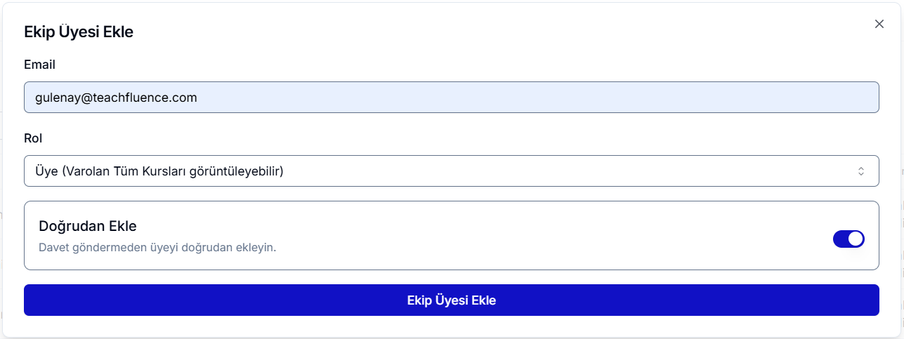 Ekip Üyesi Ekle modali: e-posta alanı, rol seçimi (Üye - Varolan Tüm Kursları görüntüleyebilir) ve 'Doğrudan Ekle' anahtarı
