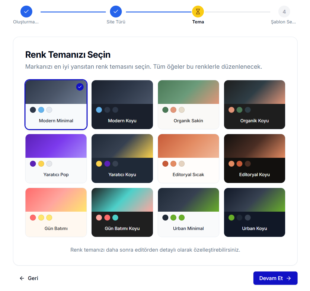 Manuel onboarding Adım 3 'Renk Temanızı Seçin' — Modern Minimal (seçili), Modern Koyu, Organik Sakin/Koyu, Yaratıcı Pop/Koyu, Editoryal Sıcak/Koyu, Gün Batımı, Urban Minimal/Koyu ızgarası ve 'Devam Et' butonu