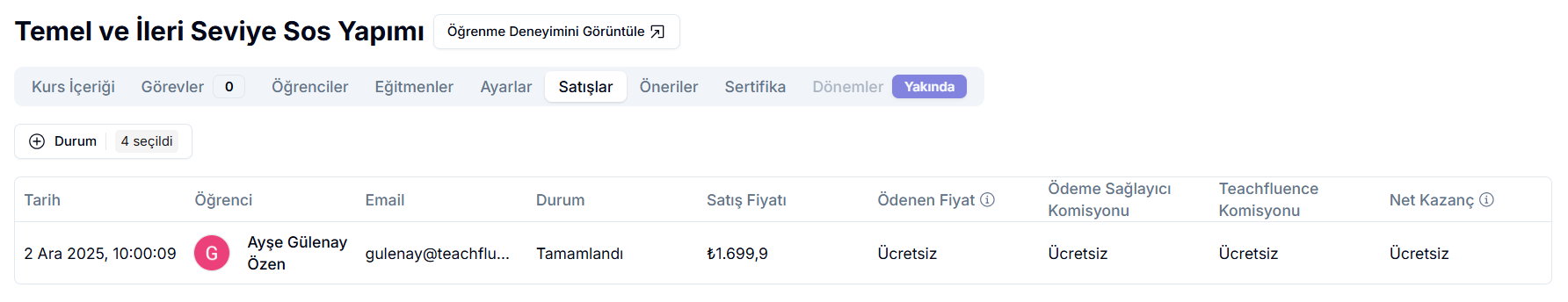 Kurs Satışlar sekmesi — tablo: Tarih, Öğrenci, Email, Durum (Tamamlandı), Satış Fiyatı ₺1.699,9, Ödenen Fiyat / Ödeme Sağlayıcı Komisyonu / Teachfluence Komisyonu / Net Kazanç kolonları