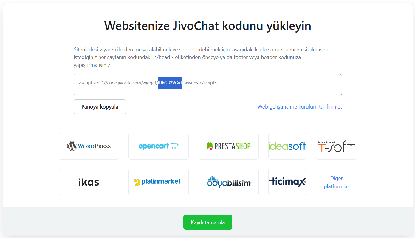 JivoChat kod ve ID ekranı — kuruluma özel script ve ID bilgisi