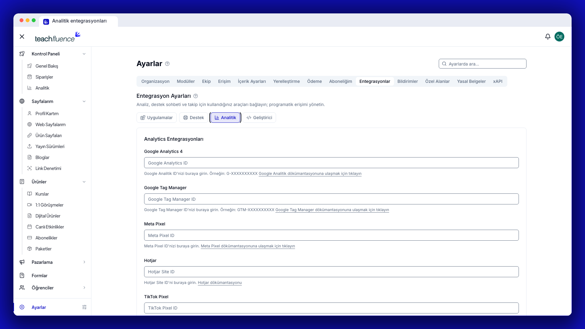 Analitik sekmesindeki altı sağlayıcı kimliği alanı