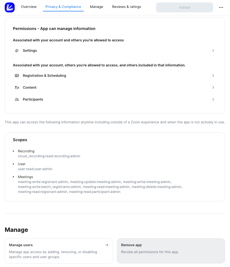 Zoom App Marketplace Added Apps sayfasında Teachfluence uygulama detayı